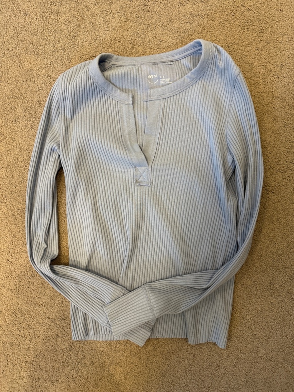 aerie Pale Blue Ribbed Henley Top